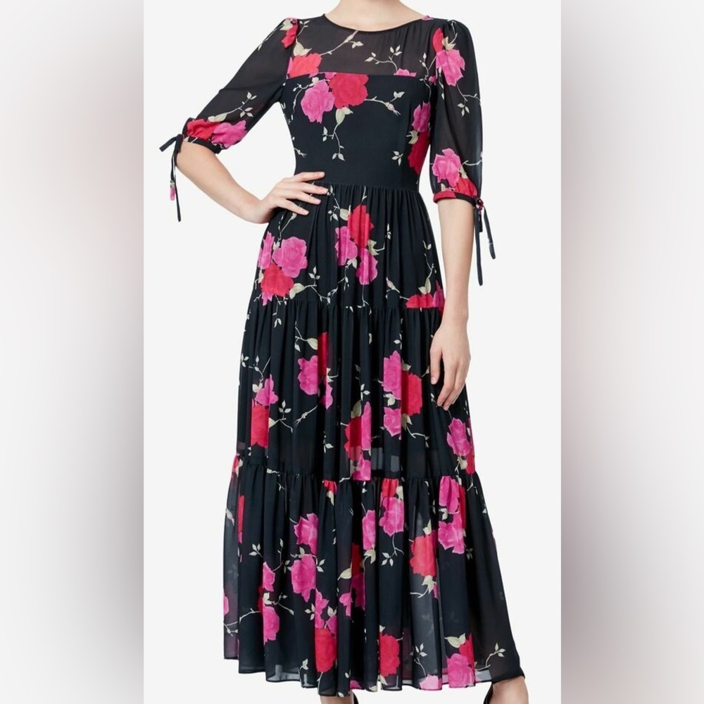 BETSY JOHNSON Women's Black Floral Print Half-Sleeve Maxi Dress